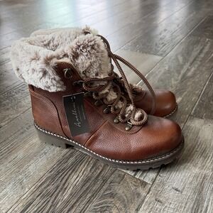 Avellini Women's Leather Brown Faux Fur Lined Combat Hiking Boots SZ‎ 7.5 38